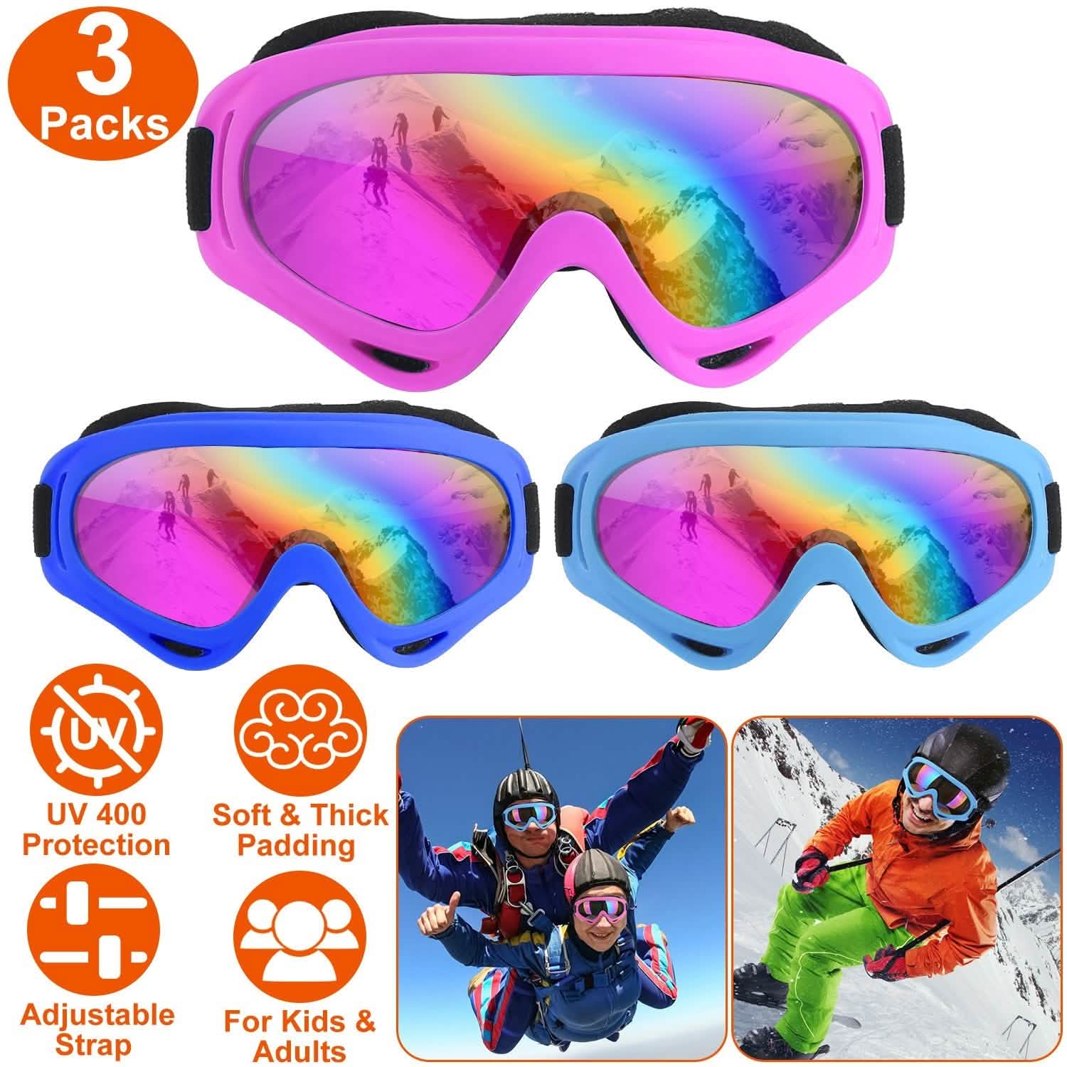 3-Pack: Winter Sports Goggles for Kids and Adults Outdoor Recreation - Tophatter Daily Deals