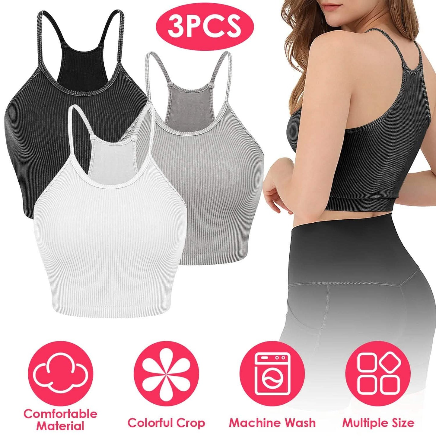 3-Pack: Women Crop Basic Tank Top Ribbed Knit Sleeveless Women's Tops - Tophatter Daily Deals