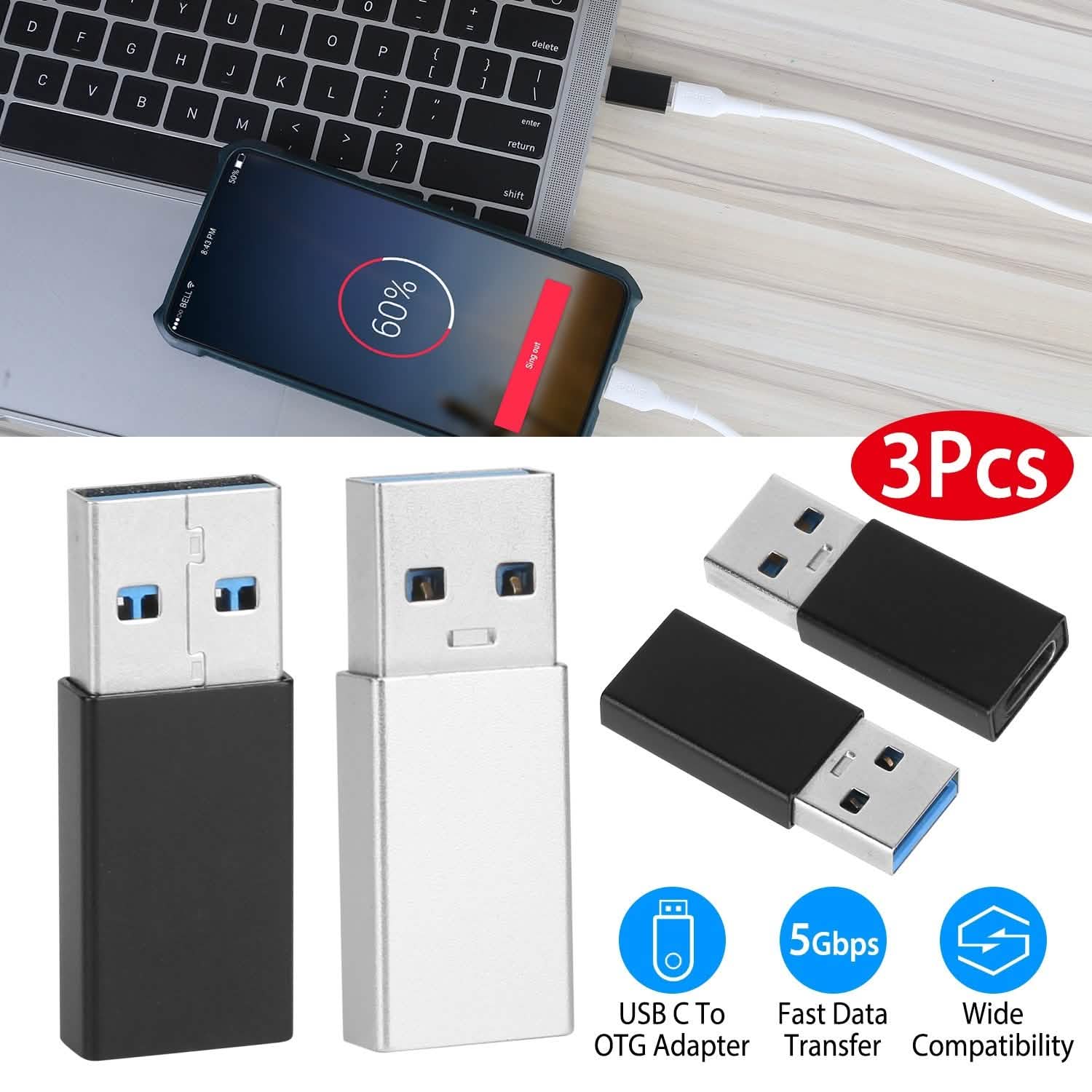 3-Packs: USB Type-C Male to USB A 3.0 OTG Male Port Converter Computer Accessories - Tophatter Daily Deals