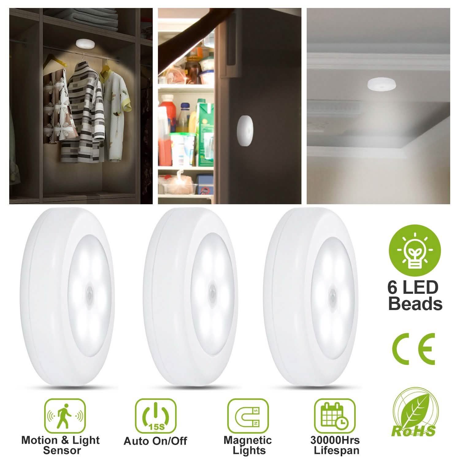 3-Piece: Motion Sensor Stick-on Cordless Night LED Lamp Indoor Lighting - Tophatter Daily Deals