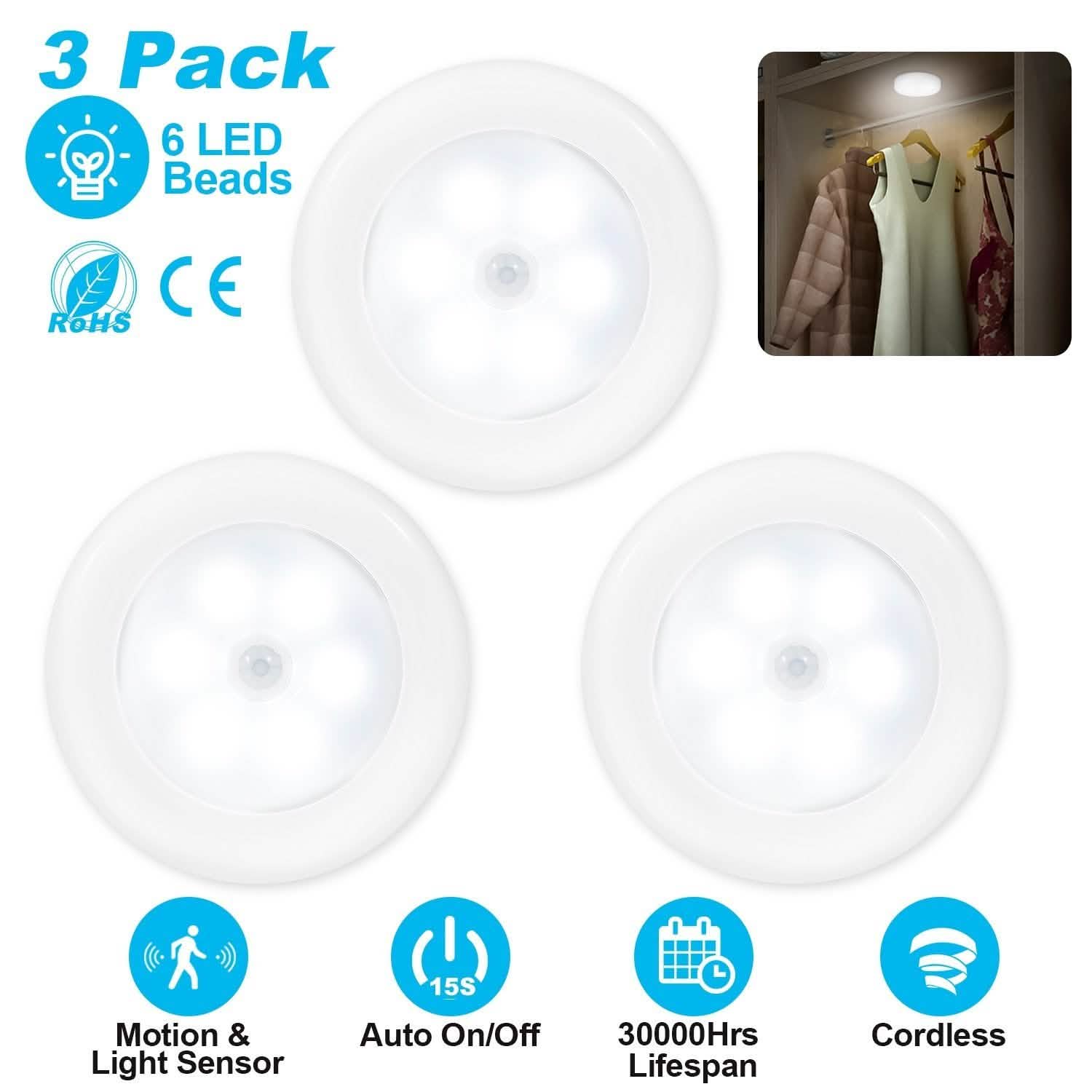 3-Piece: Motion Sensor Stick-on Cordless Night LED Lamp Indoor Lighting - Tophatter Daily Deals