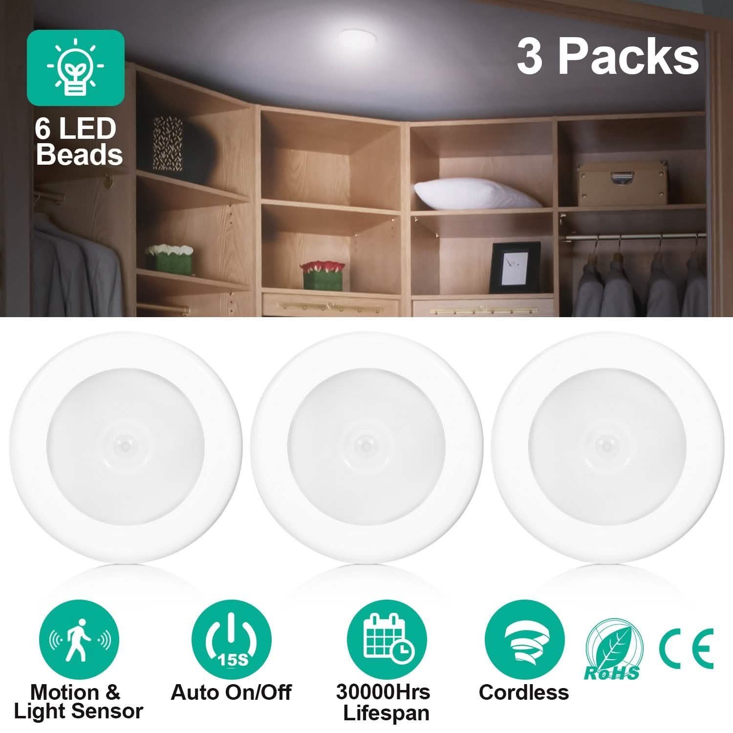 3-Piece: Motion Sensor Stick-on Cordless Night LED Lamp Indoor Lighting - Tophatter Daily Deals