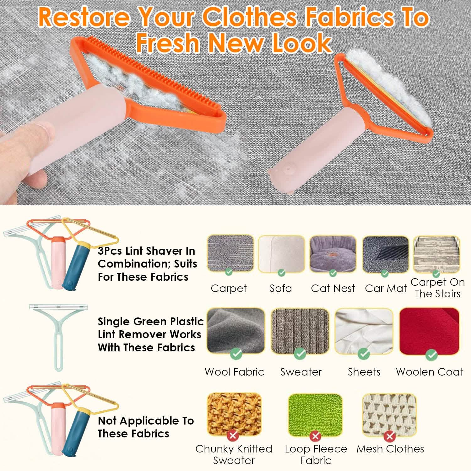 3-Piece: Portable Reusable Double Side Lint Remover Household Appliances - Tophatter Daily Deals