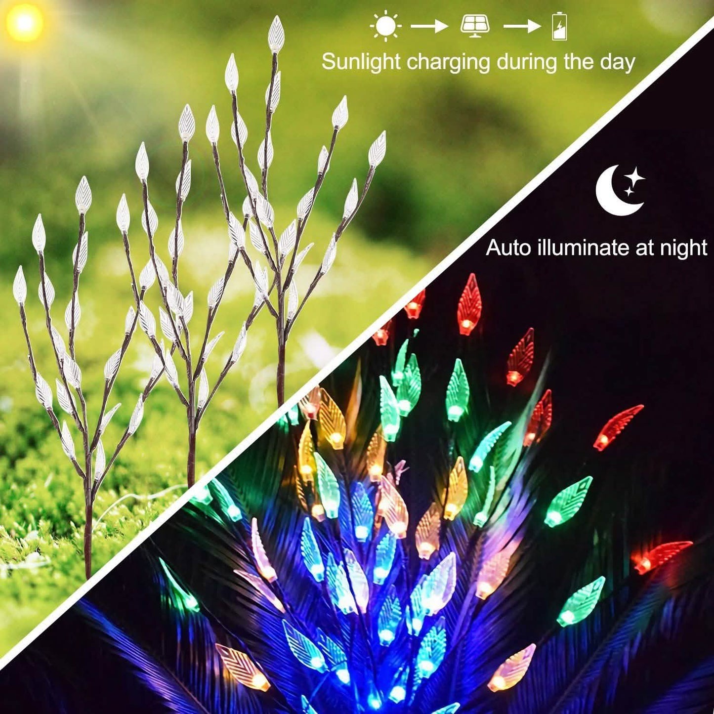 3-Piece Set: 60 LED Solar Garden Lights Tree Branch Leaf Shape Lamp String & Fairy Lights - Tophatter Daily Deals