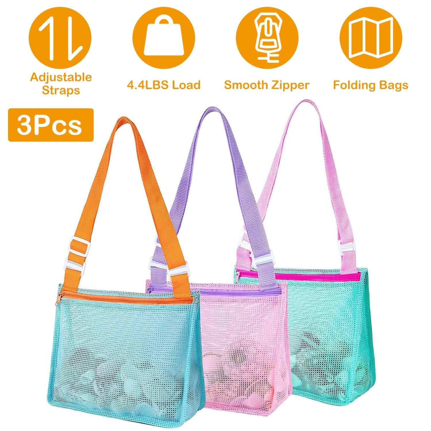3-Pieces: Beach Mesh Bags Seashell Sand Tote Bag Outdoor Recreation - Tophatter Daily Deals