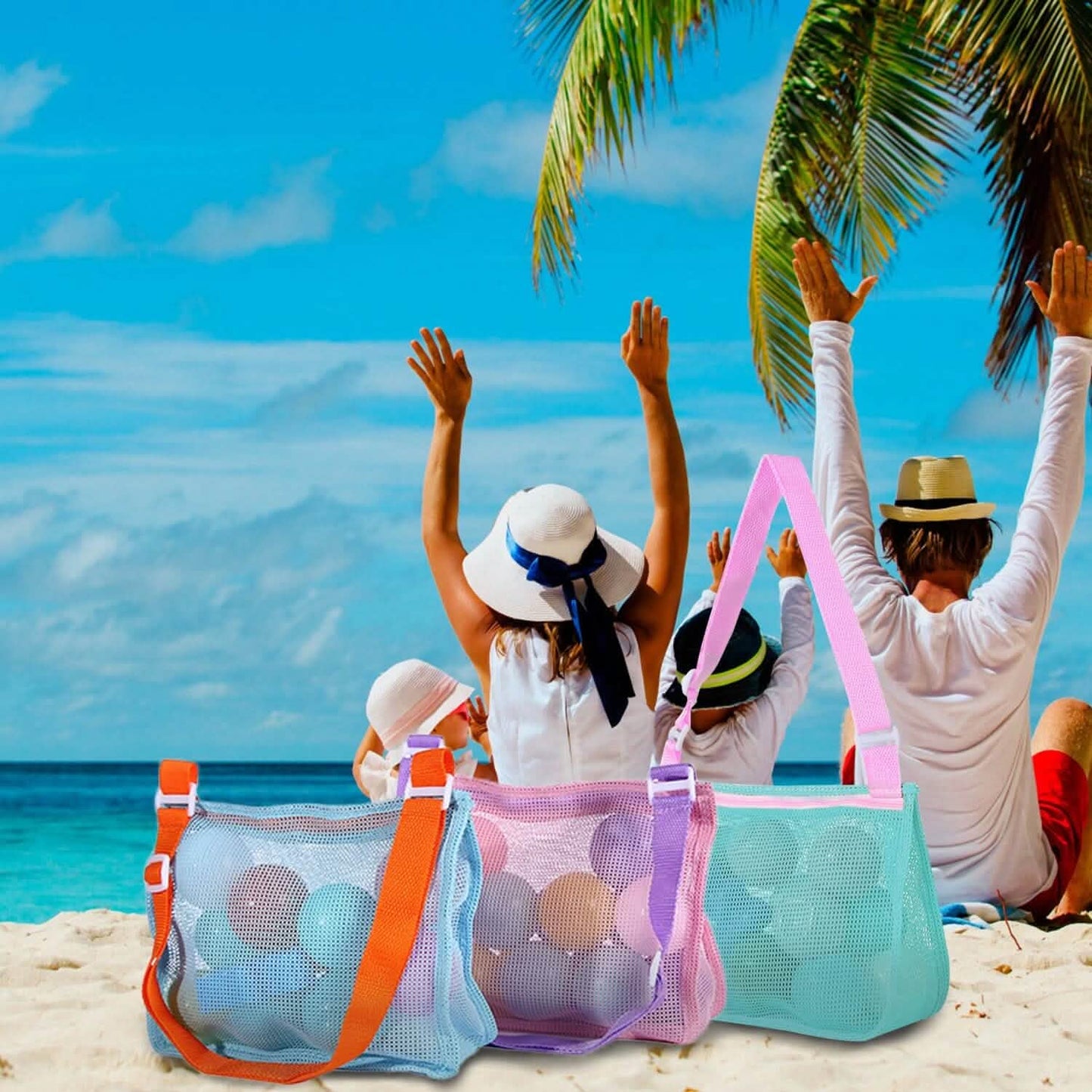 3-Pieces: Beach Mesh Bags Seashell Sand Tote Bag Outdoor Recreation - Tophatter Daily Deals