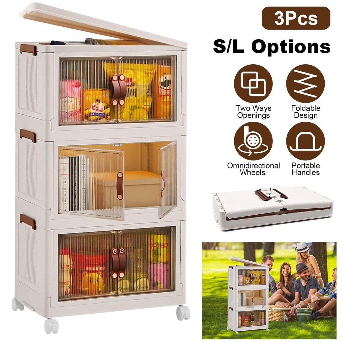 3-Pieces: Foldable Storage Bins with Lid Front Magnetic Door Collapsible Stackable Closet Organizer Kitchen Storage - Tophatter Daily Deals