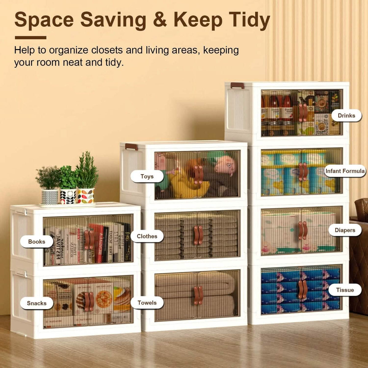 3-Pieces: Foldable Storage Bins with Lid Front Magnetic Door Collapsible Stackable Closet Organizer Kitchen Storage - Tophatter Daily Deals