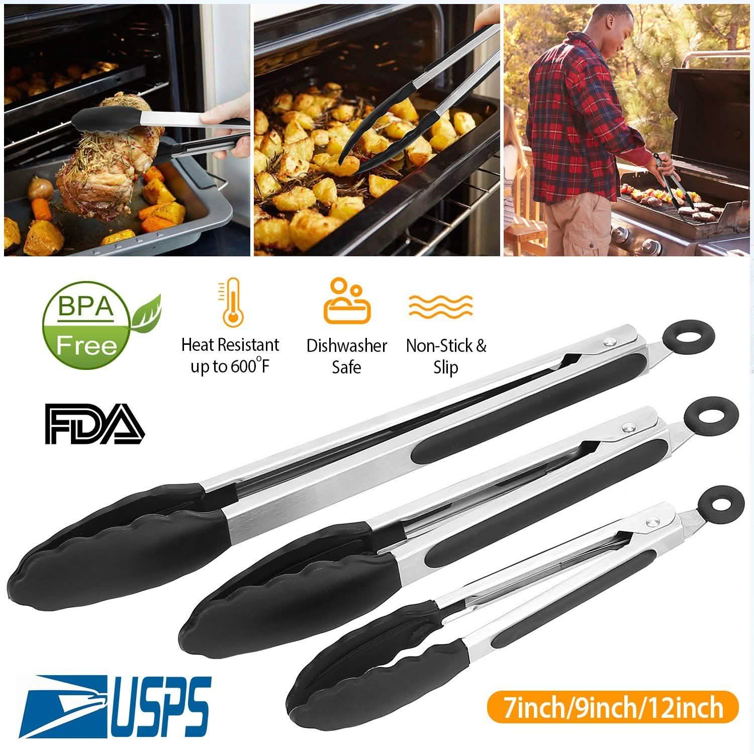 3-Pieces: Kitchen Tongs Stainless Steel with Silicon Kitchen Tools & Gadgets - Tophatter Daily Deals