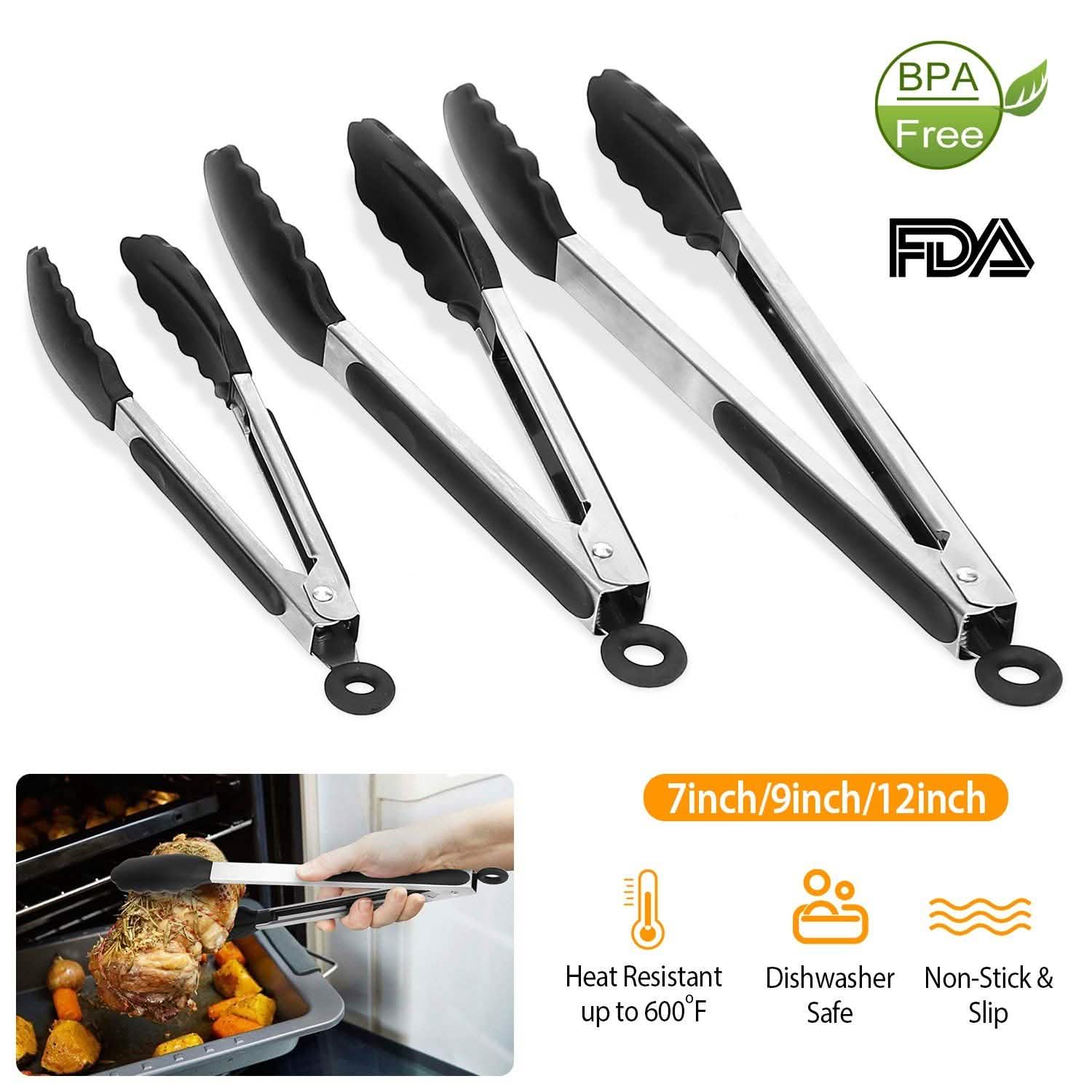 3-Pieces: Kitchen Tongs Stainless Steel with Silicon Kitchen Tools & Gadgets - Tophatter Daily Deals