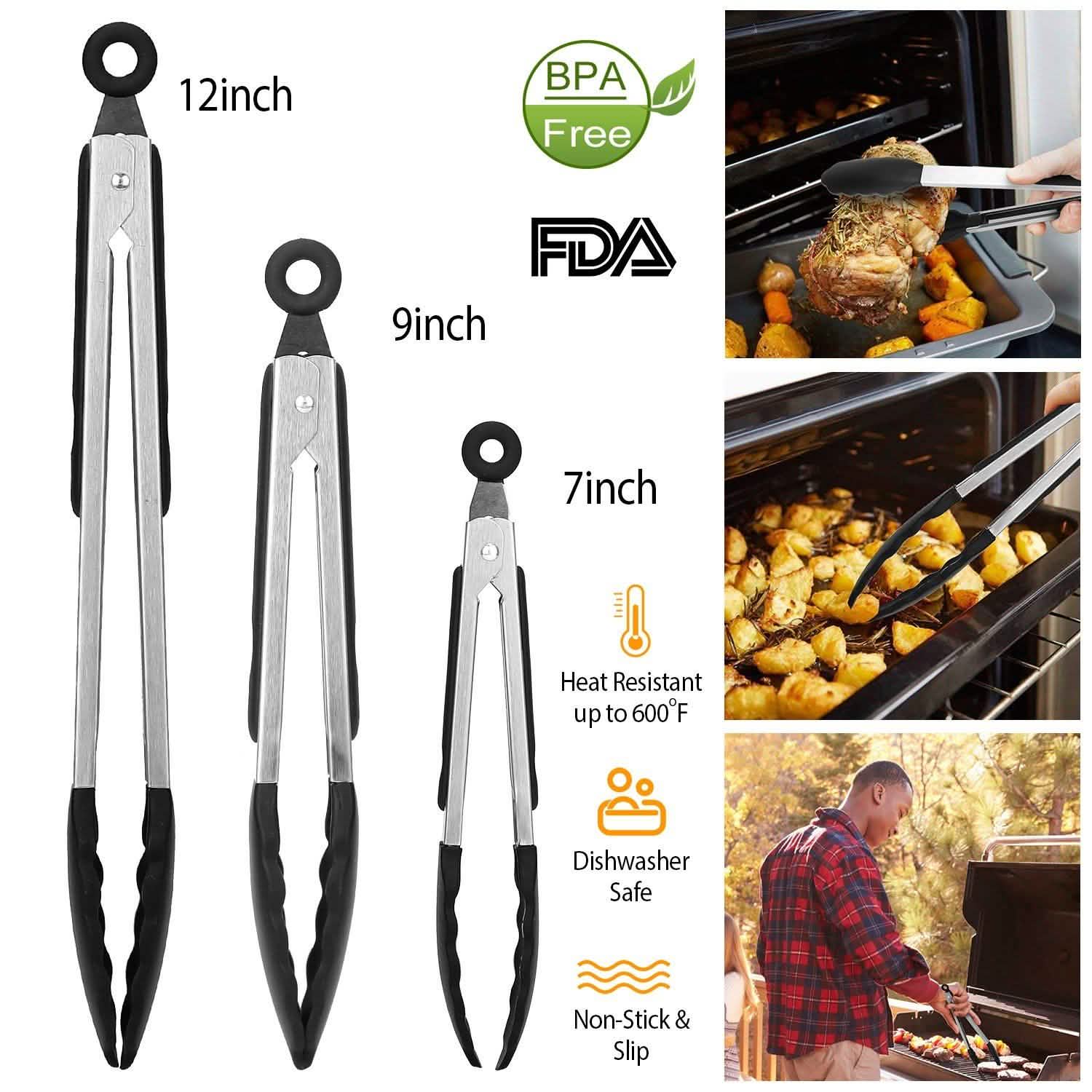 3-Pieces: Kitchen Tongs Stainless Steel with Silicon Kitchen Tools & Gadgets - Tophatter Daily Deals