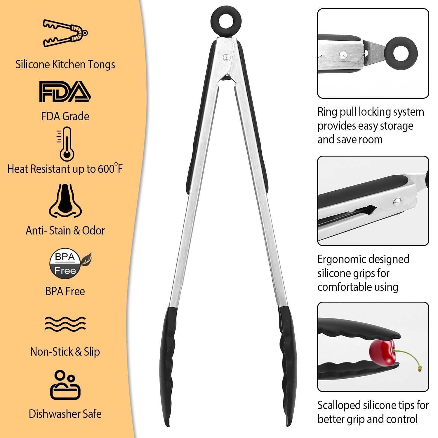 3-Pieces: Kitchen Tongs Stainless Steel with Silicon Kitchen Tools & Gadgets - Tophatter Daily Deals