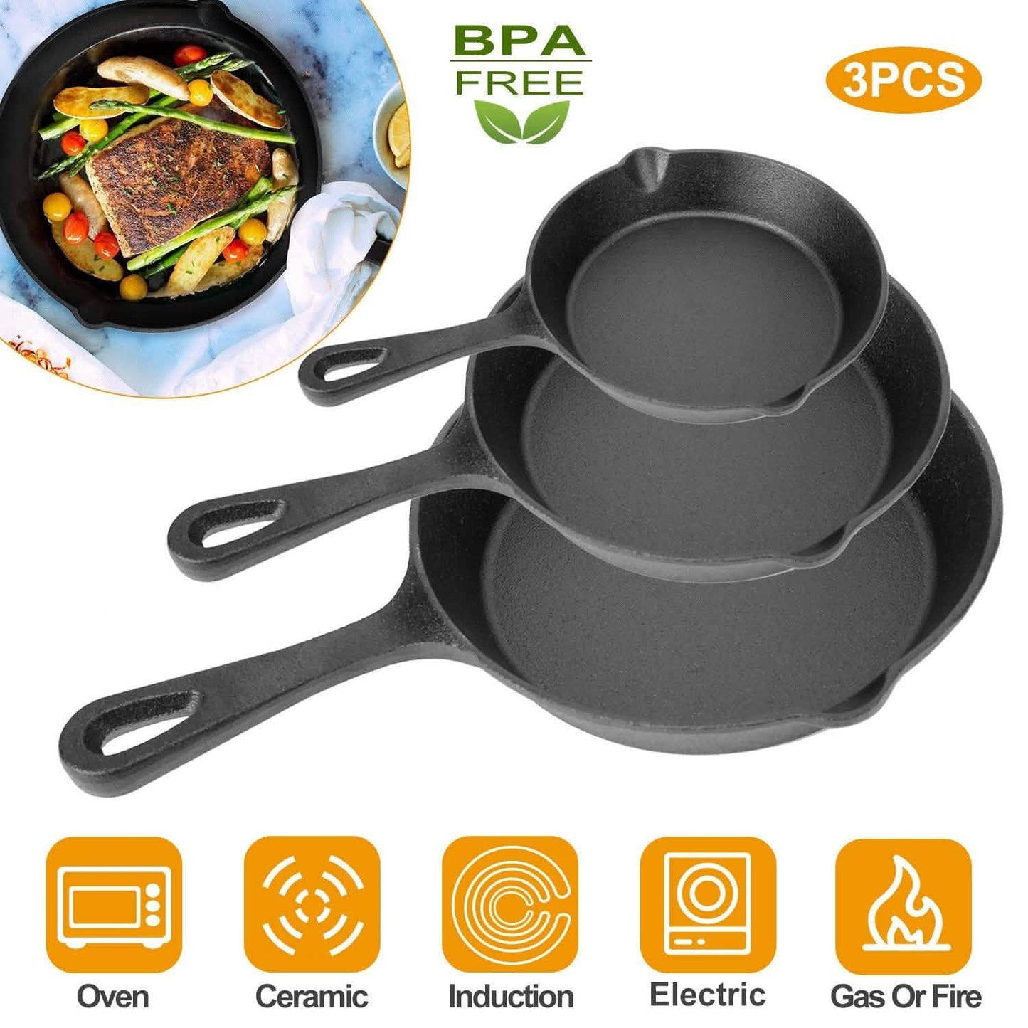 3-Pieces: Pre-Seasoned Cast Iron Skillet Kitchen Tools & Gadgets - Tophatter Daily Deals