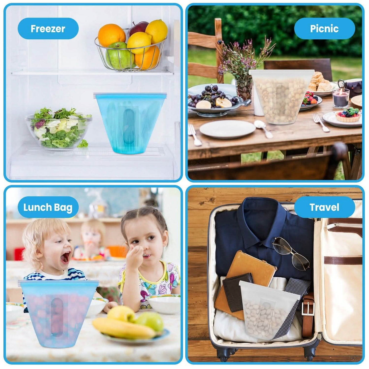 3-Pieces: Silicone Food Storage Bags Reusable Leakproof Food Container Set with 3 Seals Food Storage Containers - Tophatter Daily Deals