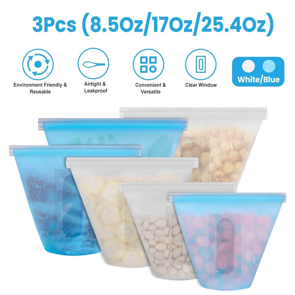 3-Pieces: Silicone Food Storage Bags Reusable Leakproof Food Container Set with 3 Seals Food Storage Containers - Tophatter Daily Deals