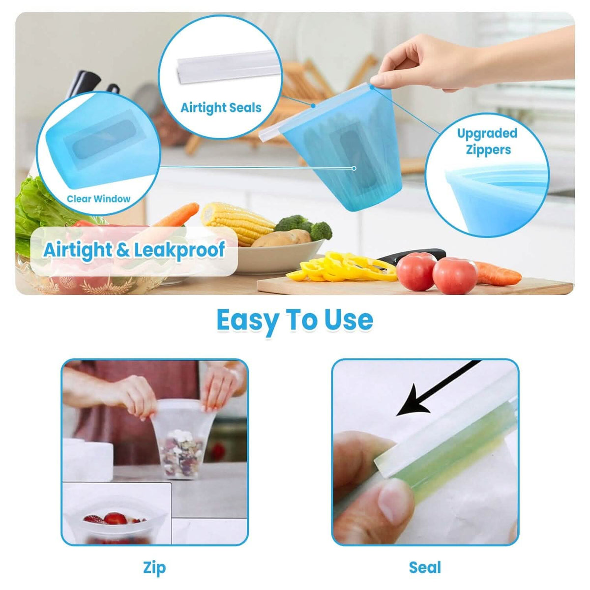 3-Pieces: Silicone Food Storage Bags Reusable Leakproof Food Container Set with 3 Seals Food Storage Containers - Tophatter Daily Deals