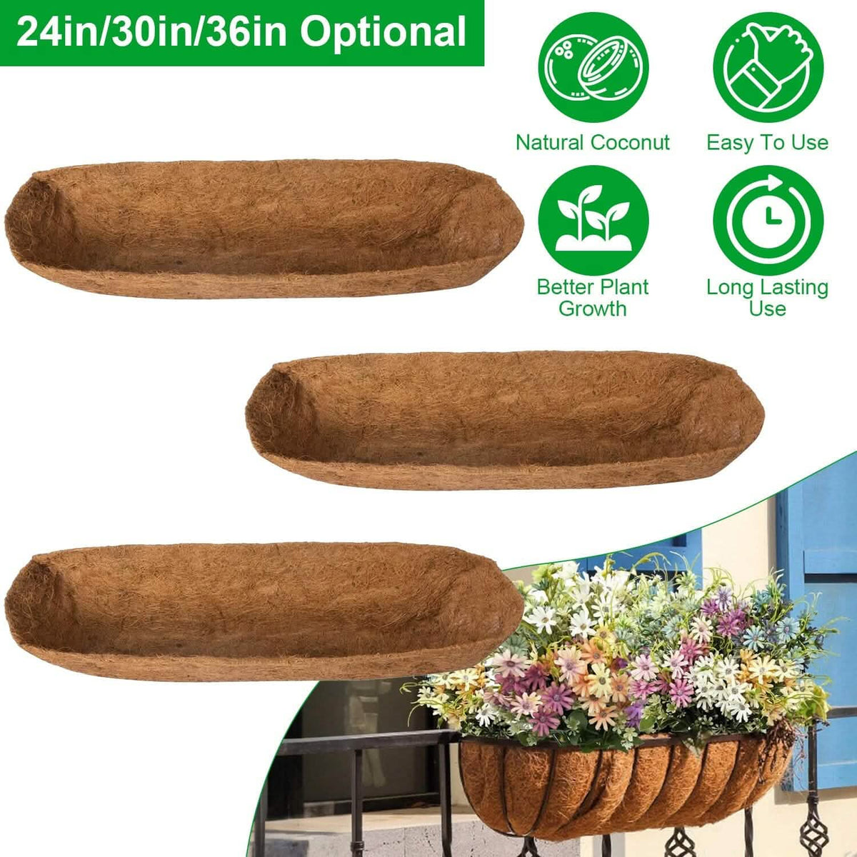 3-Pieces: Trough Coco Basket Half Moon Planter Replacement Garden & Patio - Tophatter Daily Deals