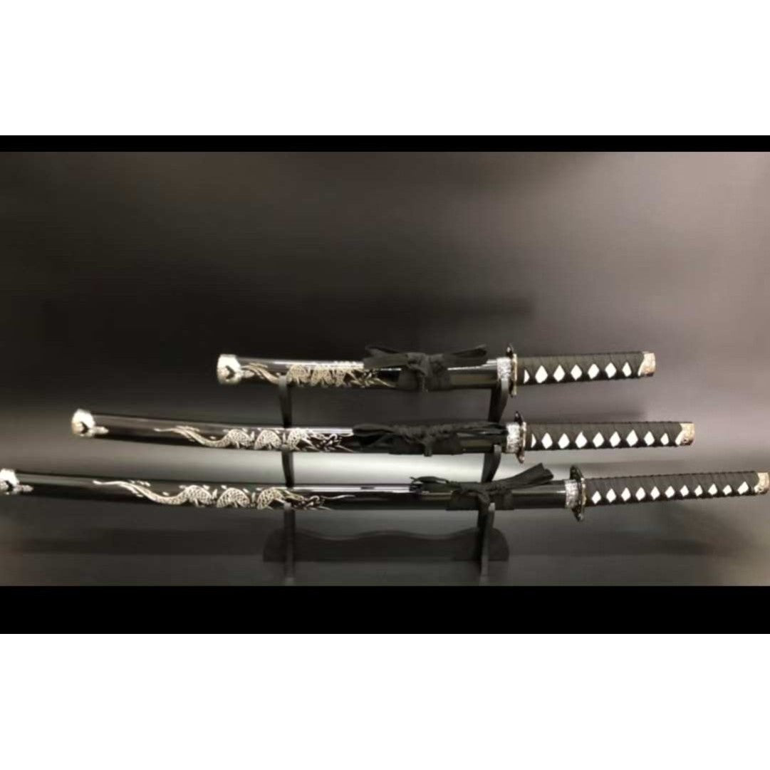'Silver Dragon' Display (Straight) Replica Katana Triple Set