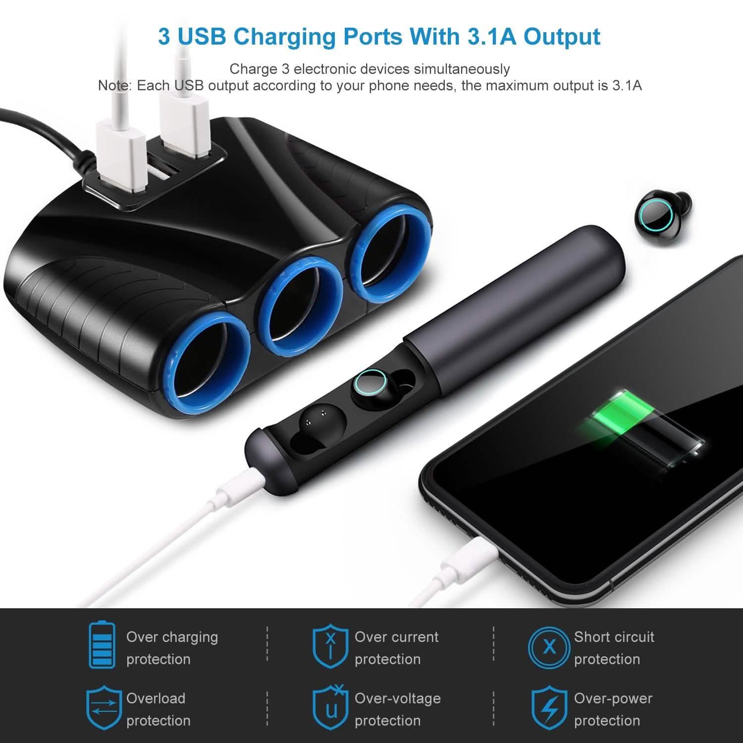 3-Socket Car Cigarette Lighter Splitter Automotive - Tophatter Daily Deals