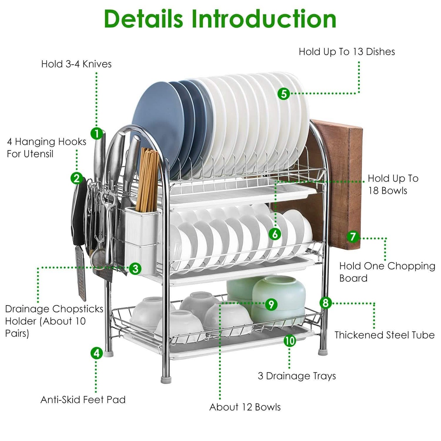 3-Tier Dish Drying Rack Shelf with 3 Drain Trays Chopping Board Kitchen Storage - Tophatter Daily Deals