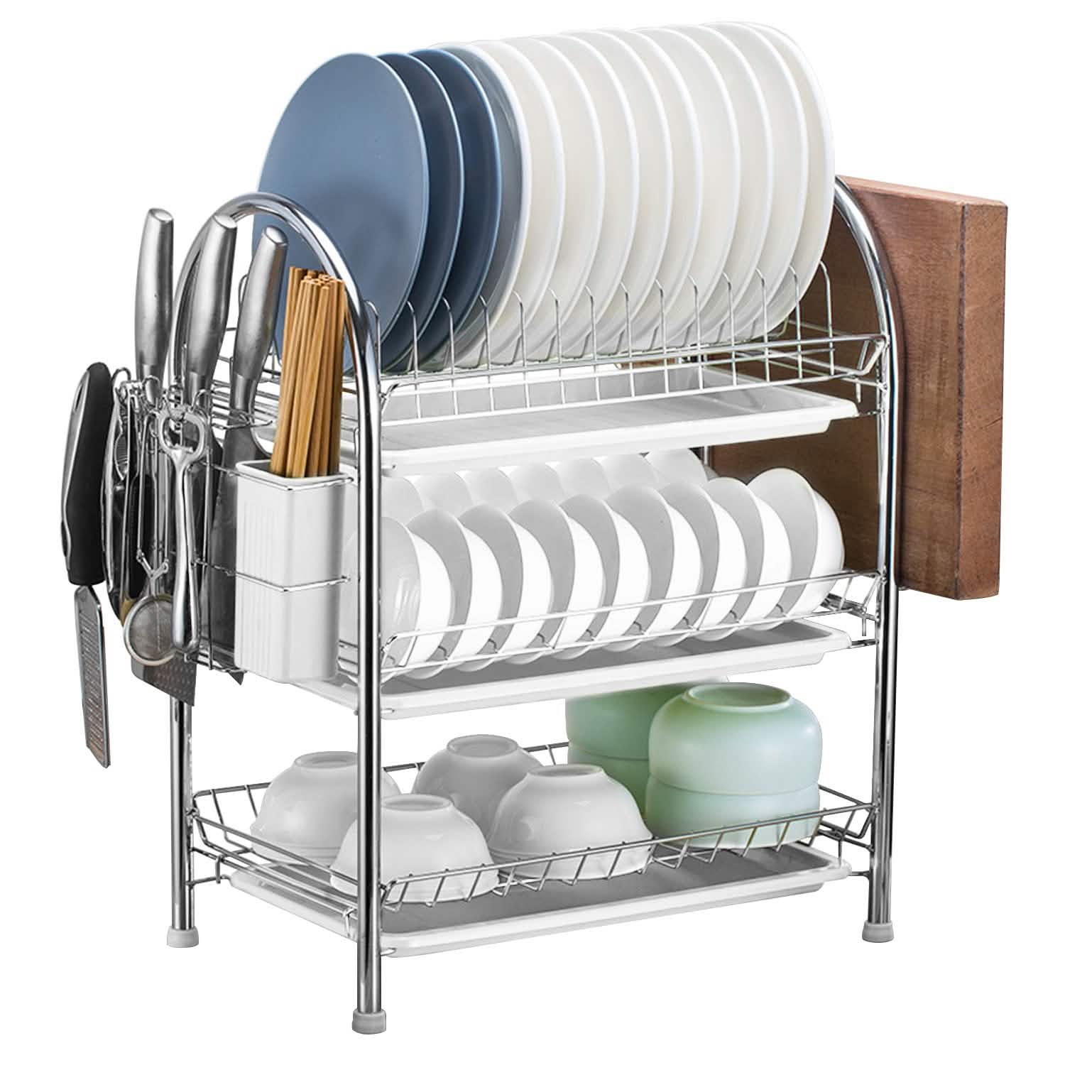 3-Tier Dish Drying Rack Shelf with 3 Drain Trays Chopping Board Kitchen Storage - Tophatter Daily Deals