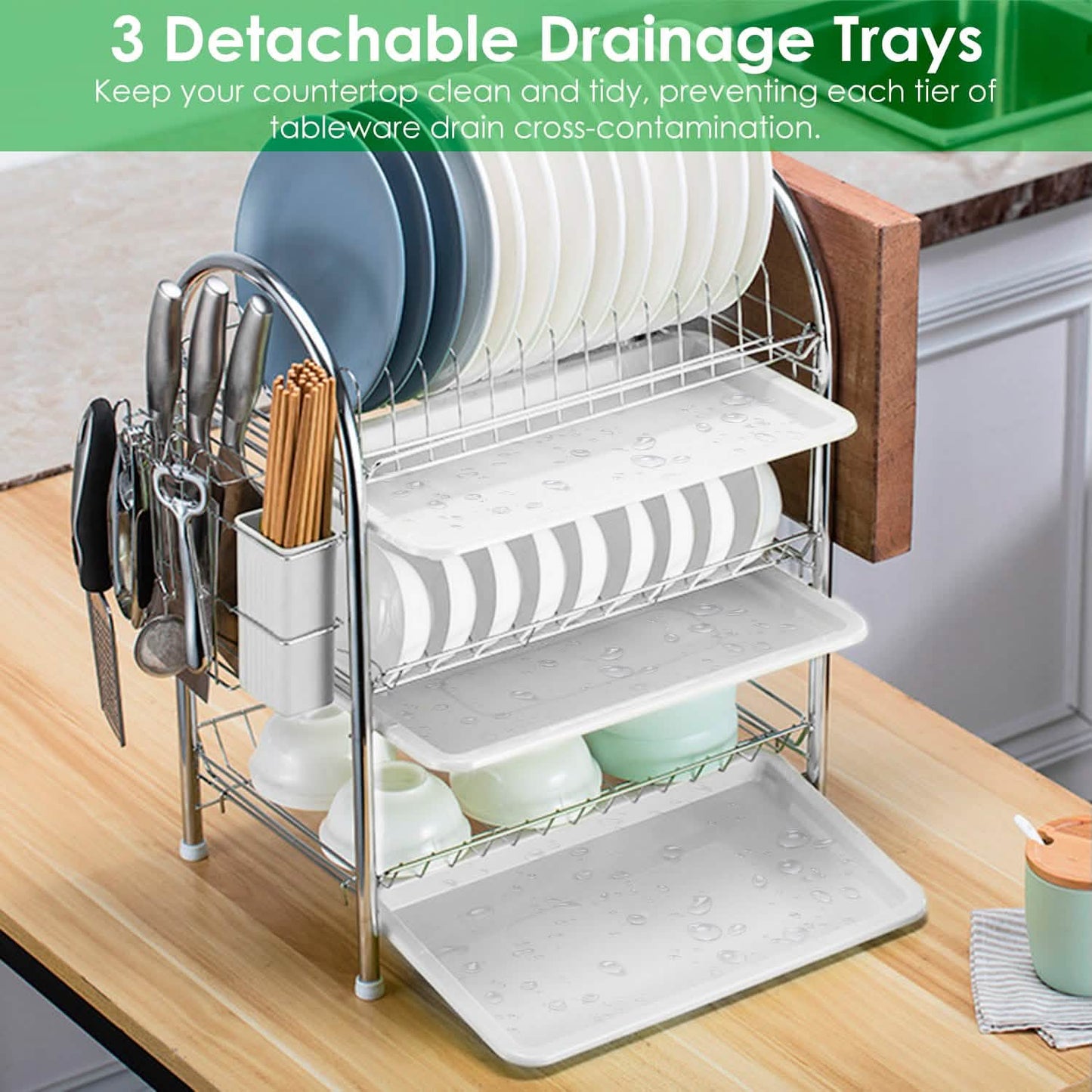 3-Tier Dish Drying Rack Shelf with 3 Drain Trays Chopping Board Kitchen Storage - Tophatter Daily Deals