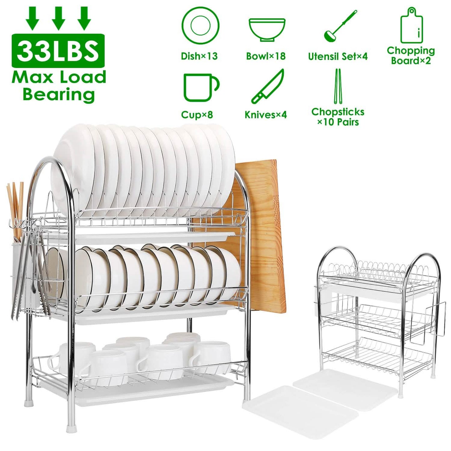 3-Tier Dish Drying Rack Shelf with 3 Drain Trays Chopping Board Kitchen Storage - Tophatter Daily Deals