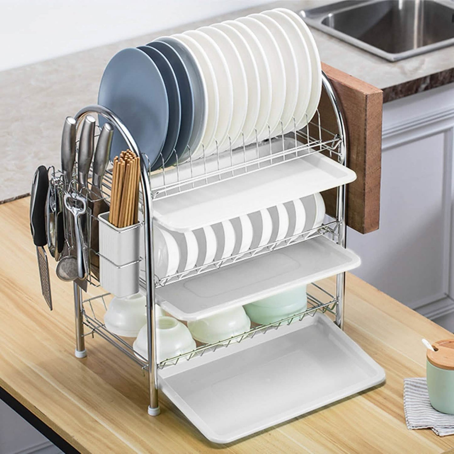 3-Tier Dish Drying Rack Shelf with 3 Drain Trays Chopping Board Kitchen Storage - Tophatter Daily Deals