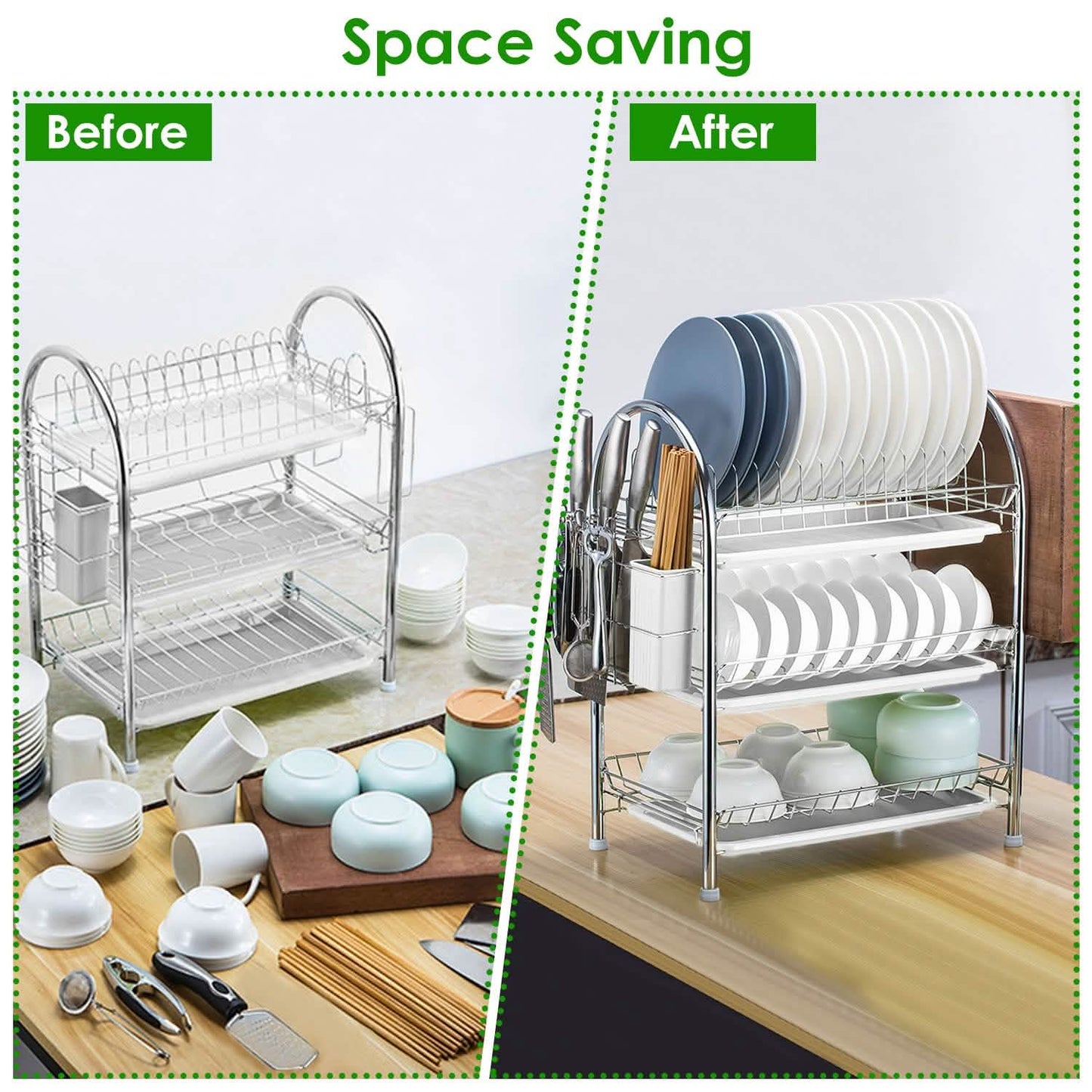 3-Tier Dish Drying Rack Shelf with 3 Drain Trays Chopping Board Kitchen Storage - Tophatter Daily Deals