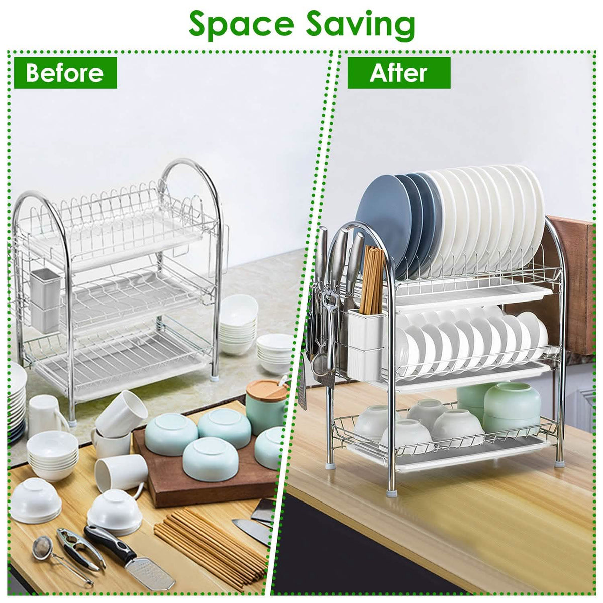 3-Tier Dish Drying Rack Shelf with 3 Drain Trays Chopping Board Kitchen Storage - Tophatter Daily Deals