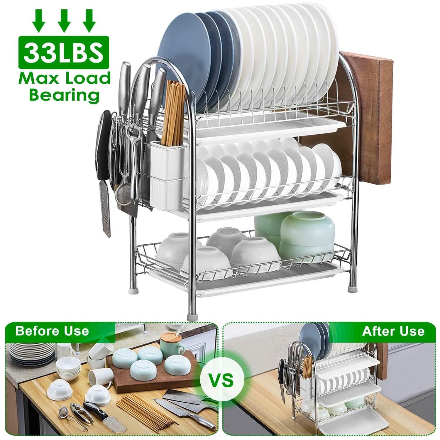 3-Tier Dish Drying Rack Shelf with 3 Drain Trays Chopping Board Kitchen Storage - Tophatter Daily Deals