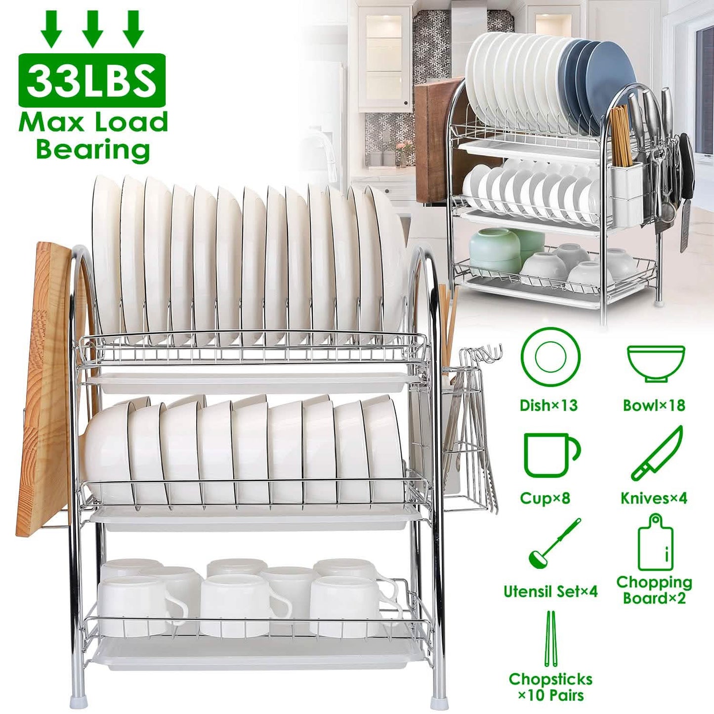 3-Tier Dish Drying Rack Shelf with 3 Drain Trays Chopping Board Kitchen Storage - Tophatter Daily Deals