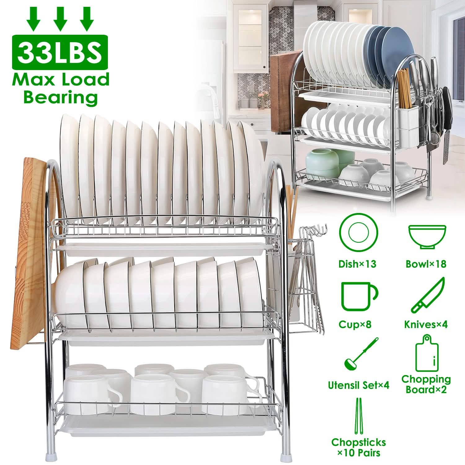 3-Tier Dish Drying Rack Shelf with 3 Drain Trays Chopping Board Kitchen Storage - Tophatter Daily Deals