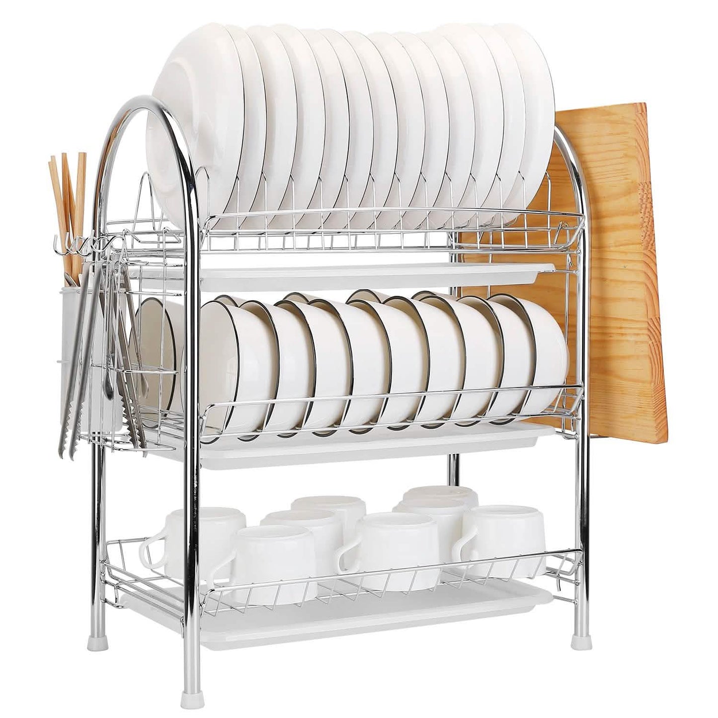 3-Tier Dish Drying Rack Shelf with 3 Drain Trays Chopping Board Kitchen Storage - Tophatter Daily Deals