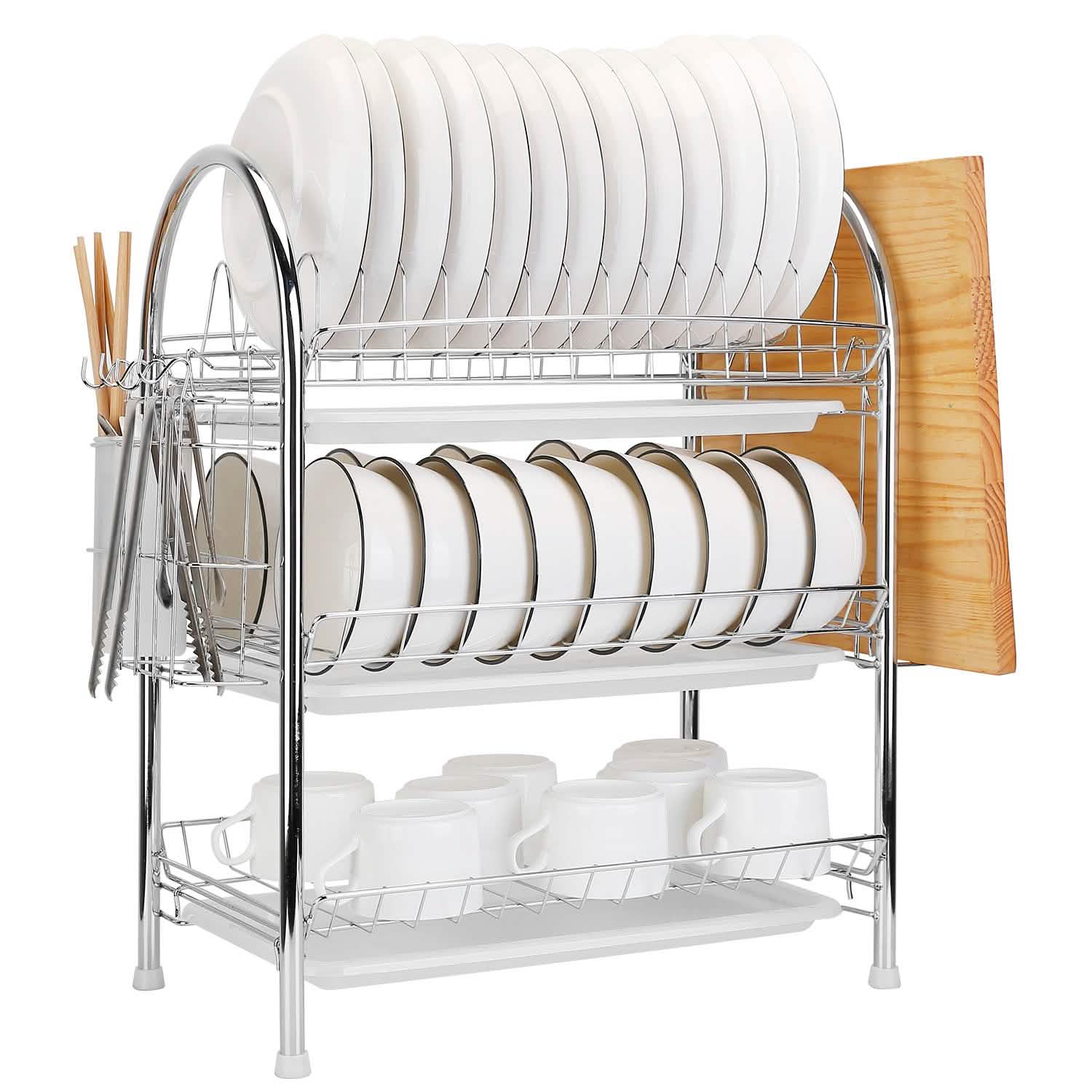3-Tier Dish Drying Rack Shelf with 3 Drain Trays Chopping Board Kitchen Storage - Tophatter Daily Deals