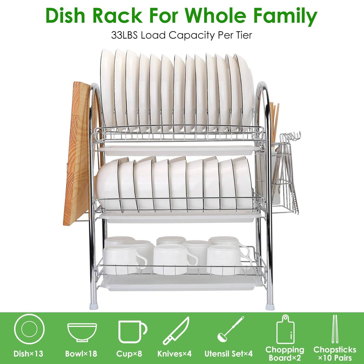 3-Tier Dish Drying Rack Shelf with 3 Drain Trays Chopping Board Kitchen Storage - Tophatter Daily Deals