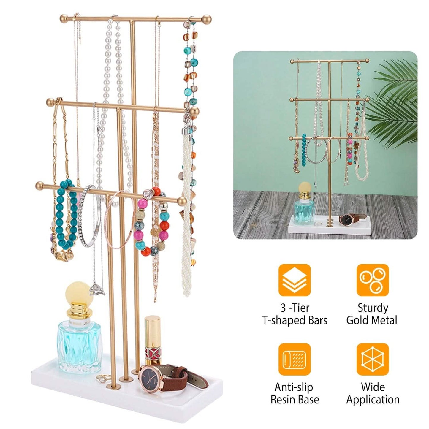 3-Tier Gold Metal Tabletop Jewelry Tree Stand Storage & Organization - Tophatter Daily Deals