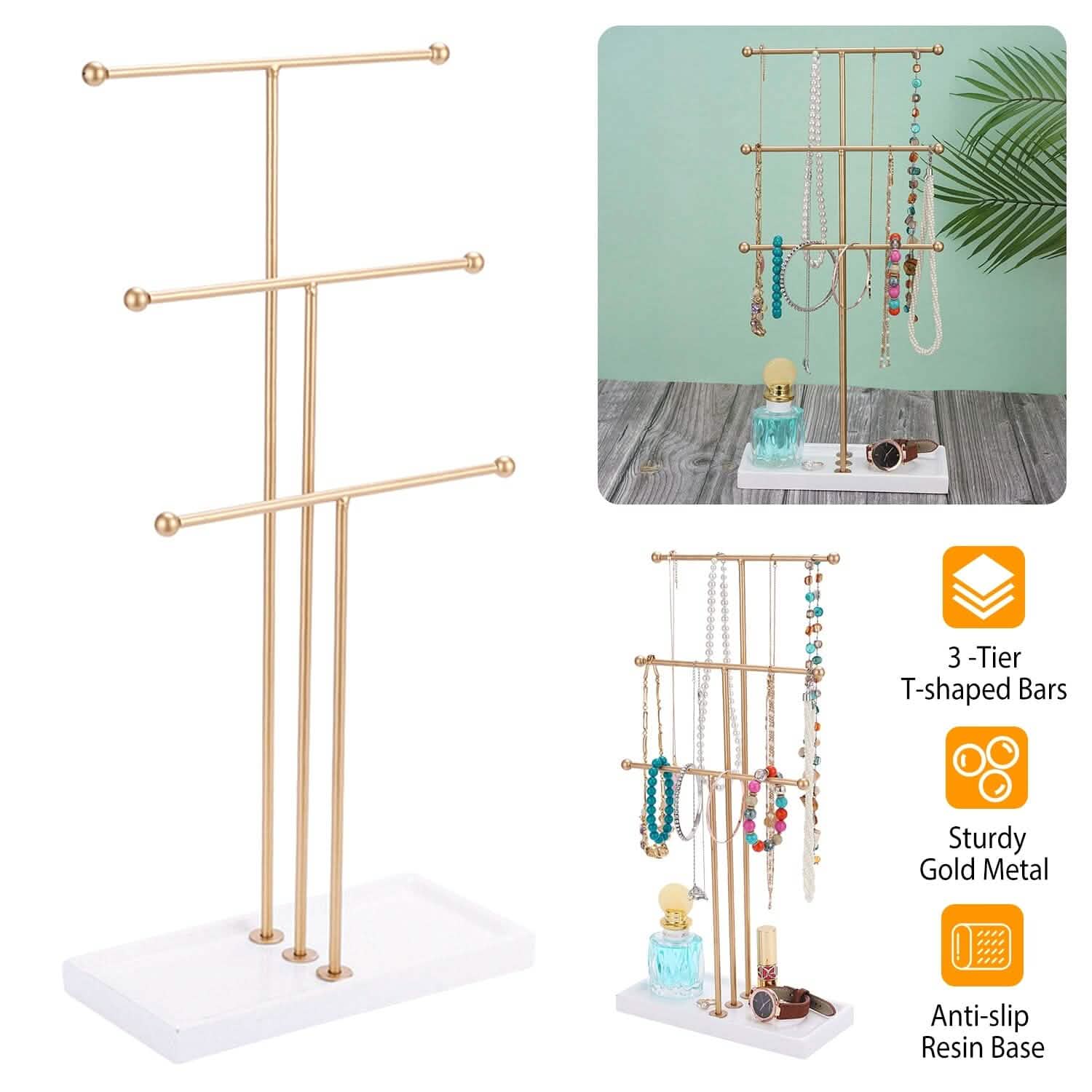 3-Tier Gold Metal Tabletop Jewelry Tree Stand Storage & Organization - Tophatter Daily Deals