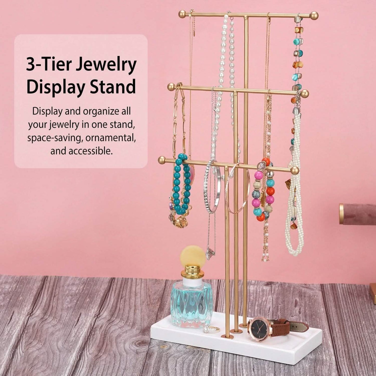 3-Tier Gold Metal Tabletop Jewelry Tree Stand Storage & Organization - Tophatter Daily Deals