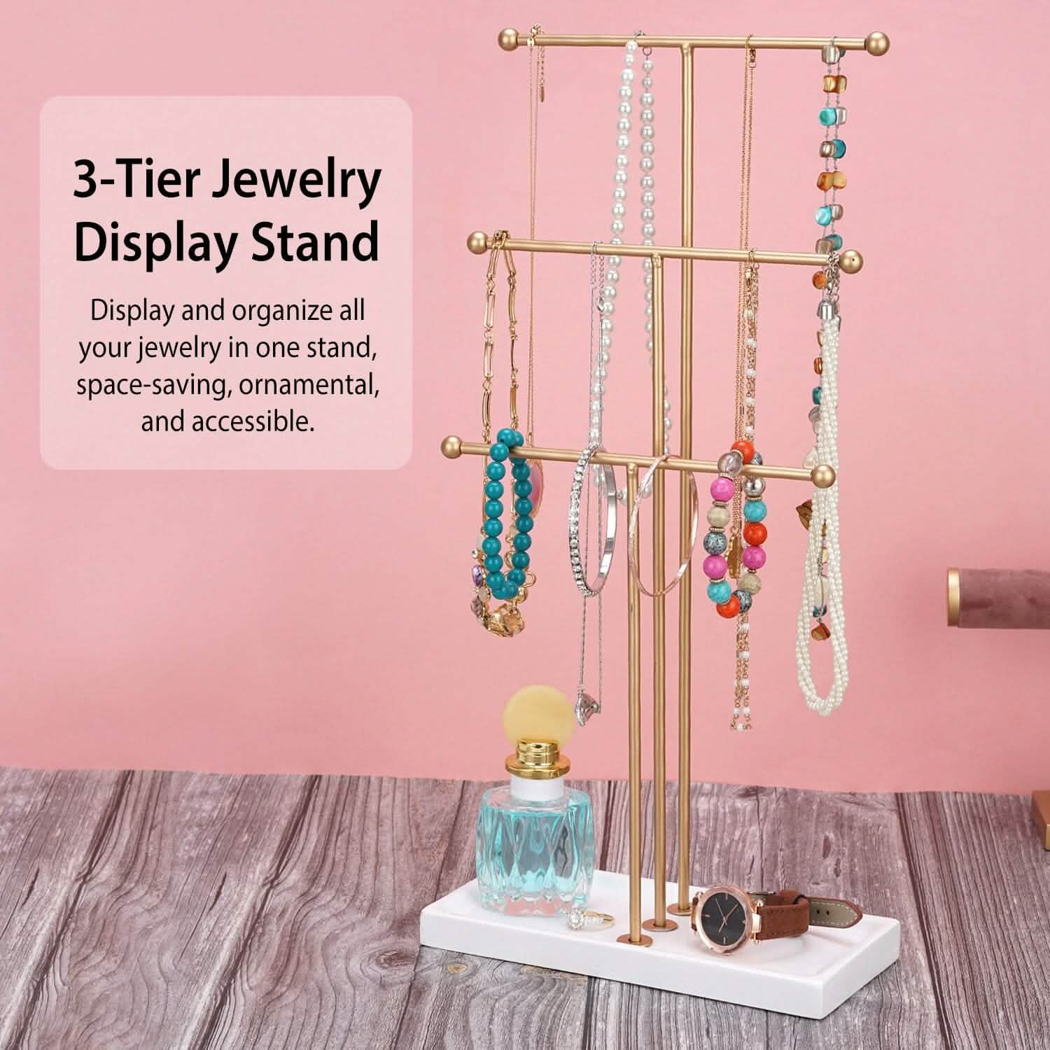 3-Tier Gold Metal Tabletop Jewelry Tree Stand Storage & Organization - Tophatter Daily Deals