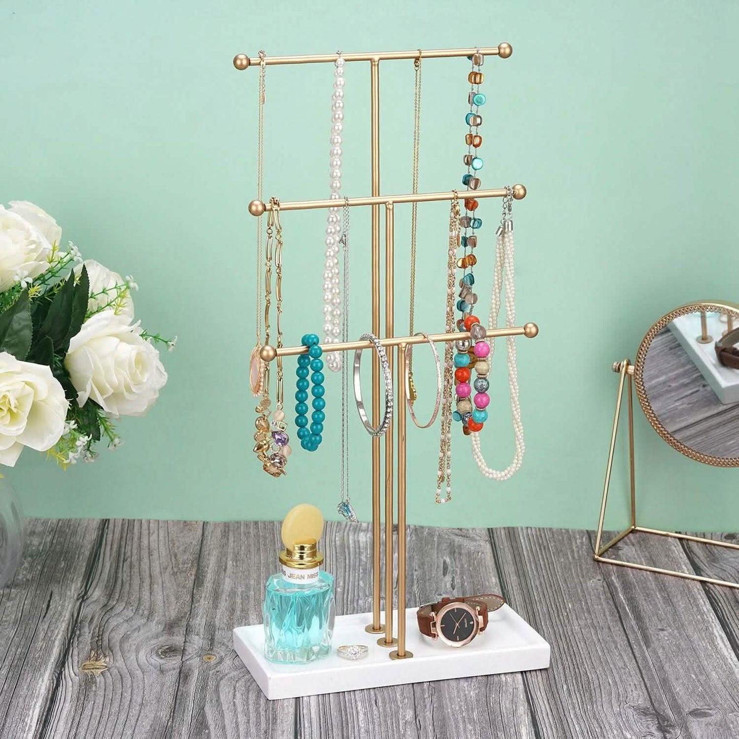3-Tier Gold Metal Tabletop Jewelry Tree Stand Storage & Organization - Tophatter Daily Deals
