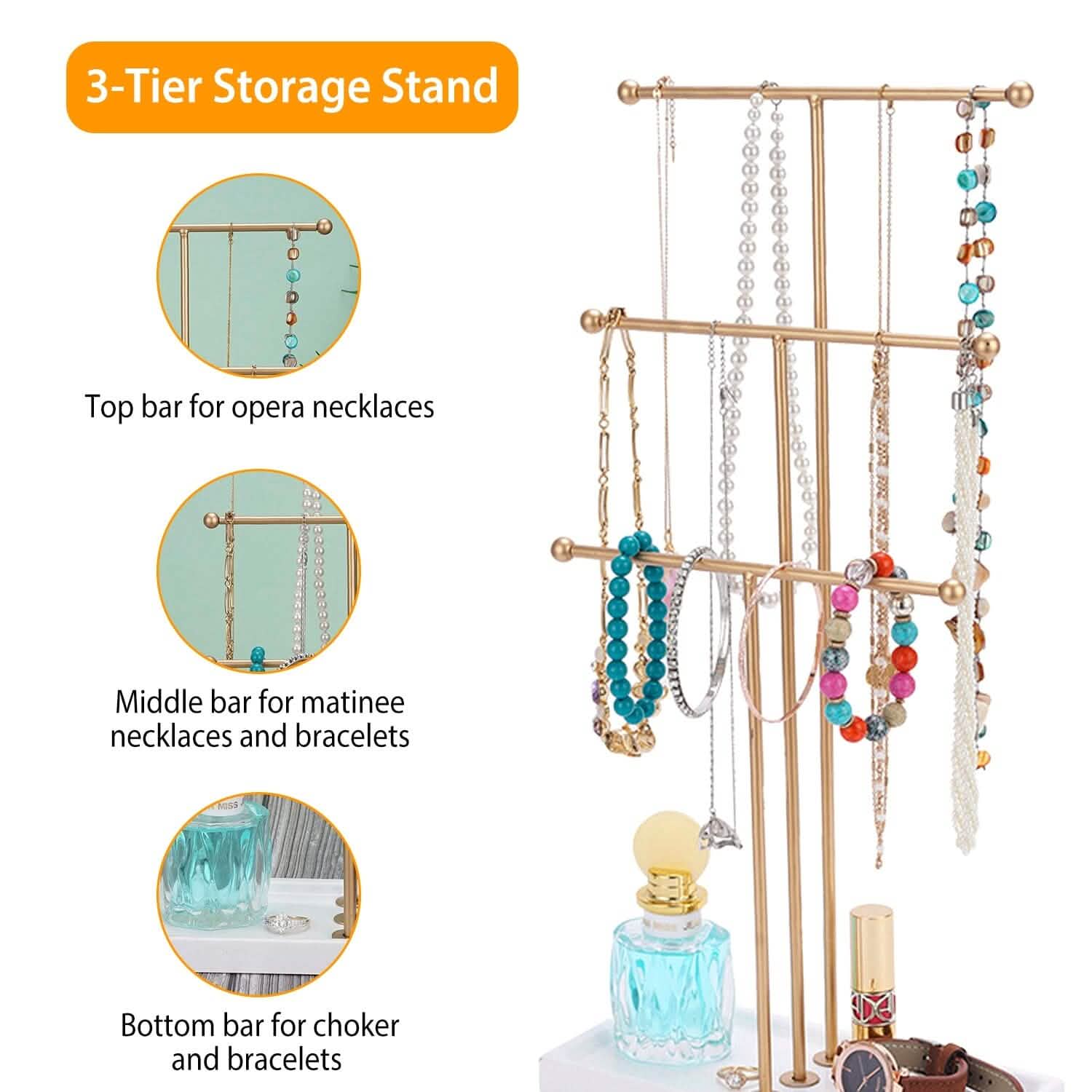 3-Tier Gold Metal Tabletop Jewelry Tree Stand Storage & Organization - Tophatter Daily Deals