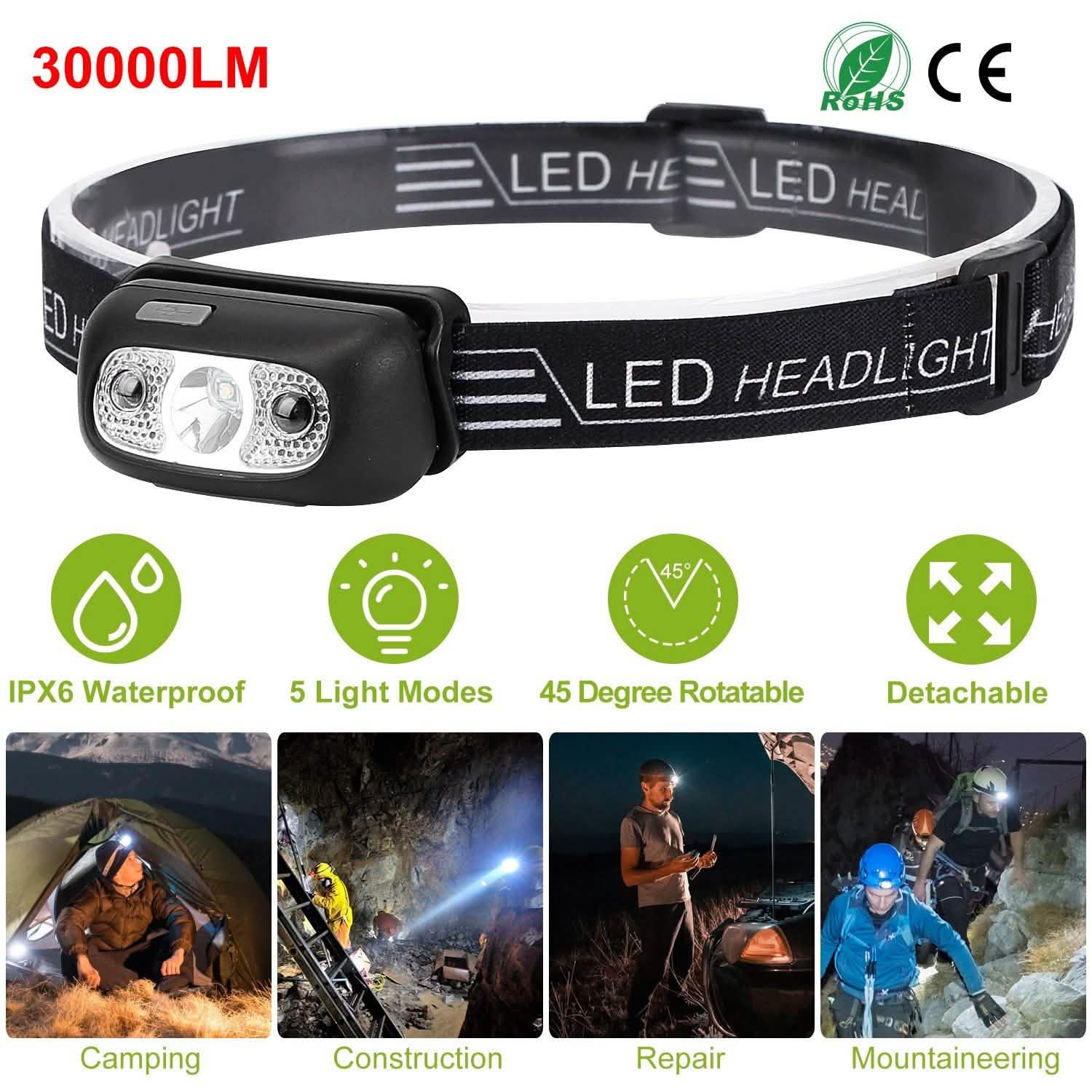 30000LM Rechargeable Motion Sensor Headlamps Outdoor Recreation - Tophatter Daily Deals