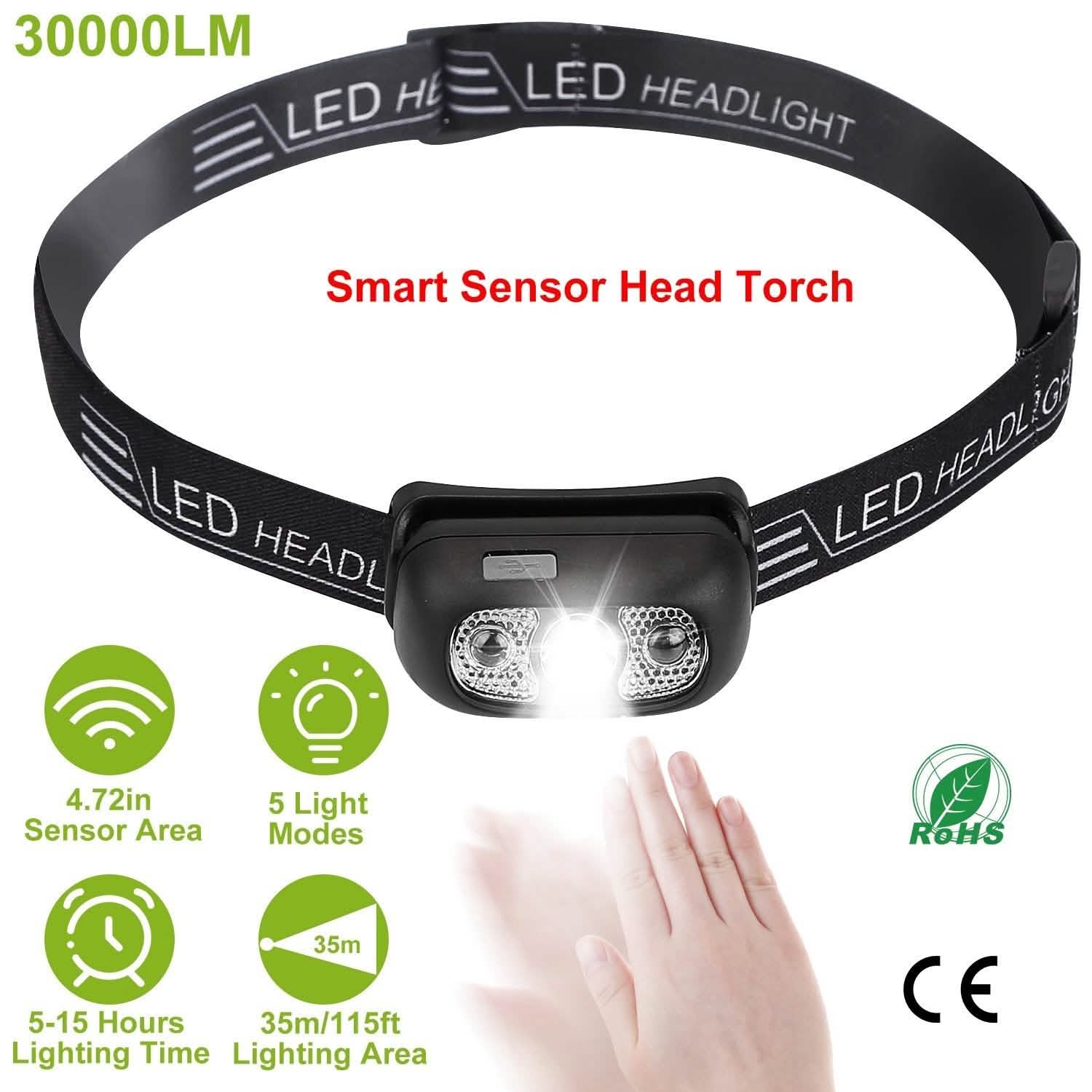 30000LM Rechargeable Motion Sensor Headlamps Outdoor Recreation - Tophatter Daily Deals