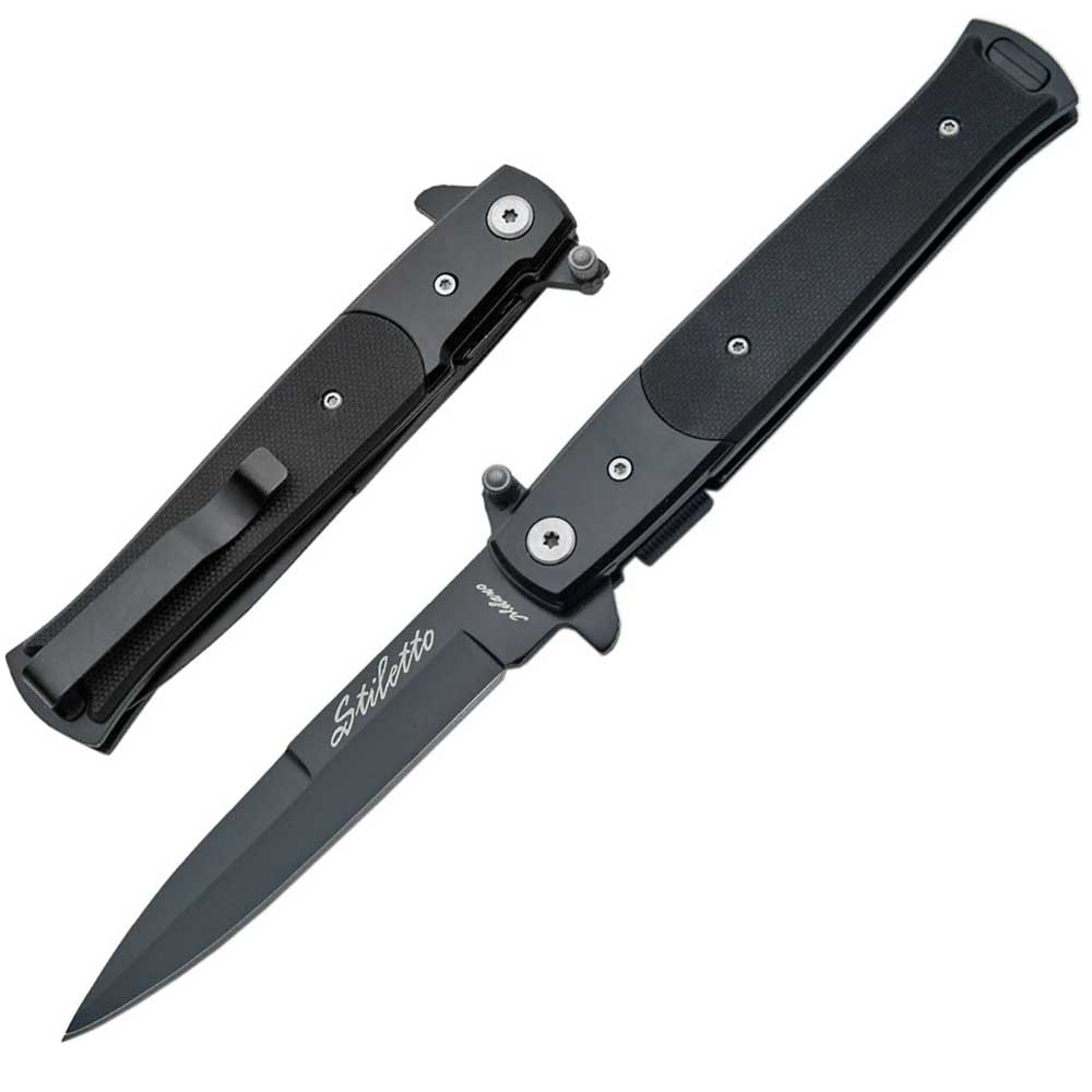 5" Closed All Black G10 Handle Stiletto Style Spring Assist knife - TOPHATTER'S ARMORY DEALS Collectible Weapons - Tophatter Daily Deals