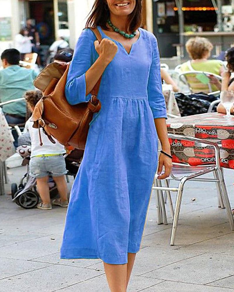 Loose Cotton Linen Beach Dresses Blue Midi Dresses - Tophatter Daily Deals