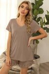 V-Neck Short Sleeve Top and Drawstring Shorts Lounge Set Khaki Loungewear Sets - Tophatter Daily Deals