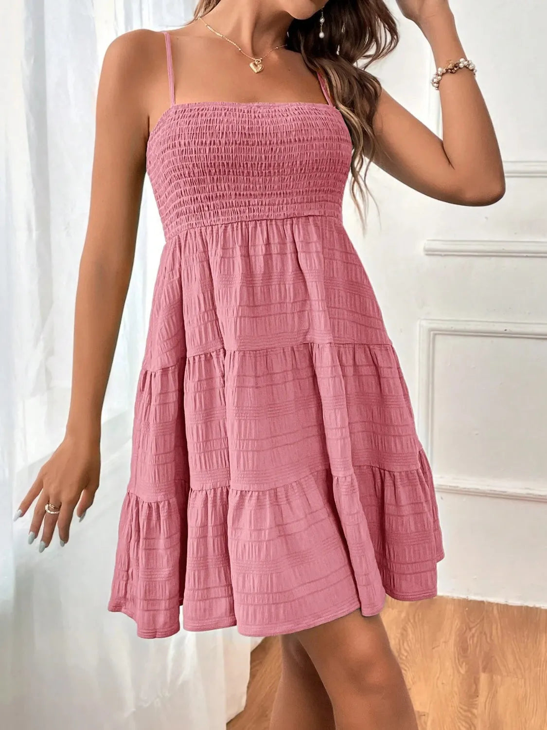 Smocked Tiered Sleeveless Mini Dress Light Mauve Casual Dresses - Tophatter Daily Deals