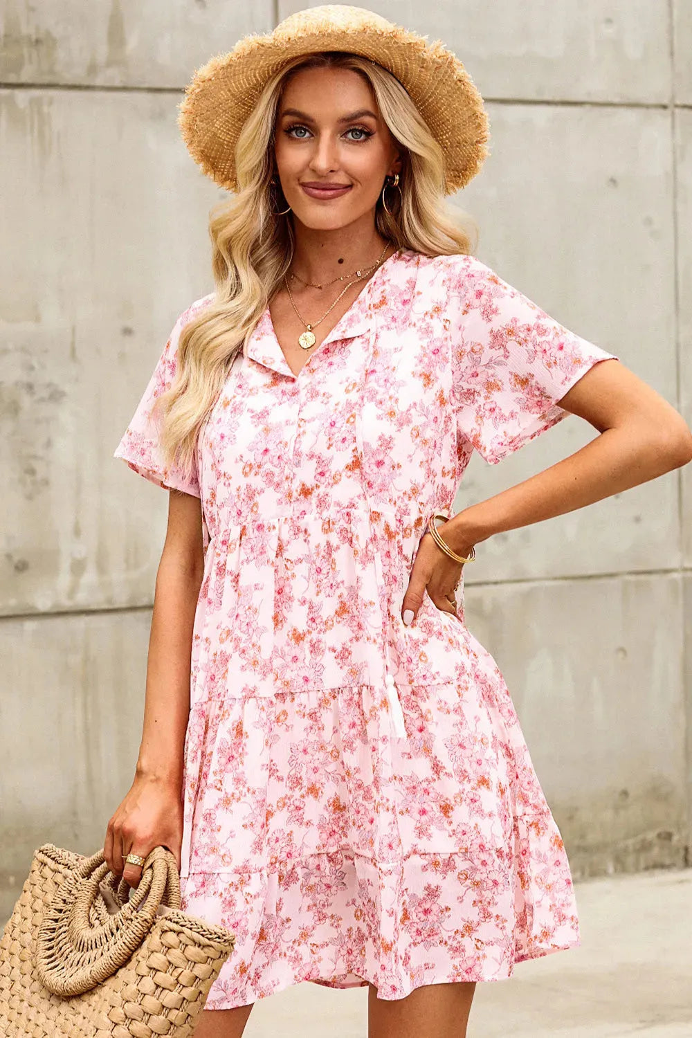 Tie Neck Tiered Mini Dress Casual Dresses - Tophatter Daily Deals