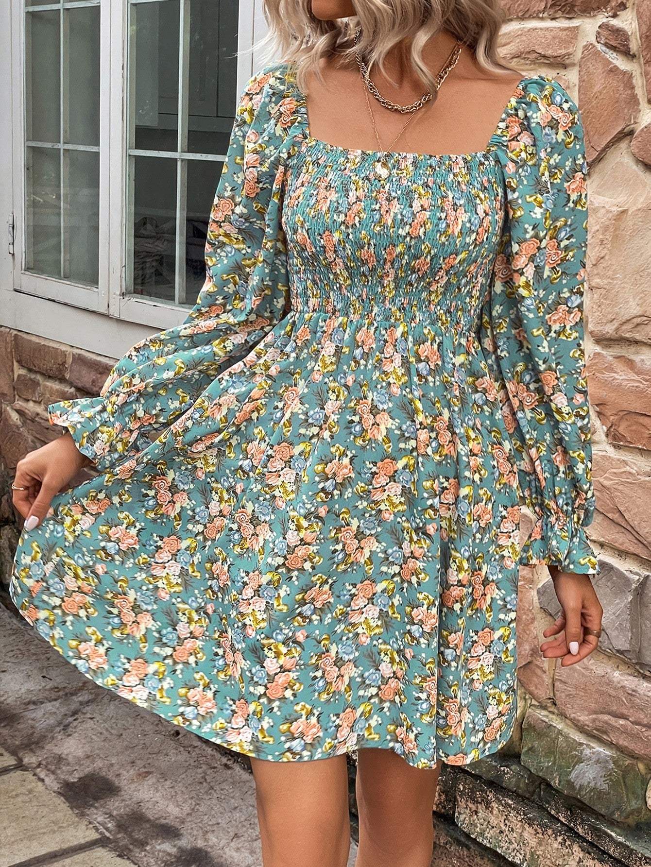 Floral Smocked Flounce Sleeve Square Neck Dress Casual Dresses - Tophatter Daily Deals